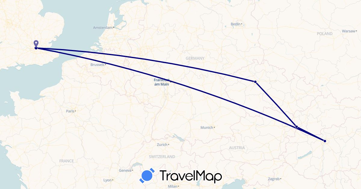 TravelMap itinerary: driving in Czech Republic, United Kingdom, Hungary, Slovakia (Europe)